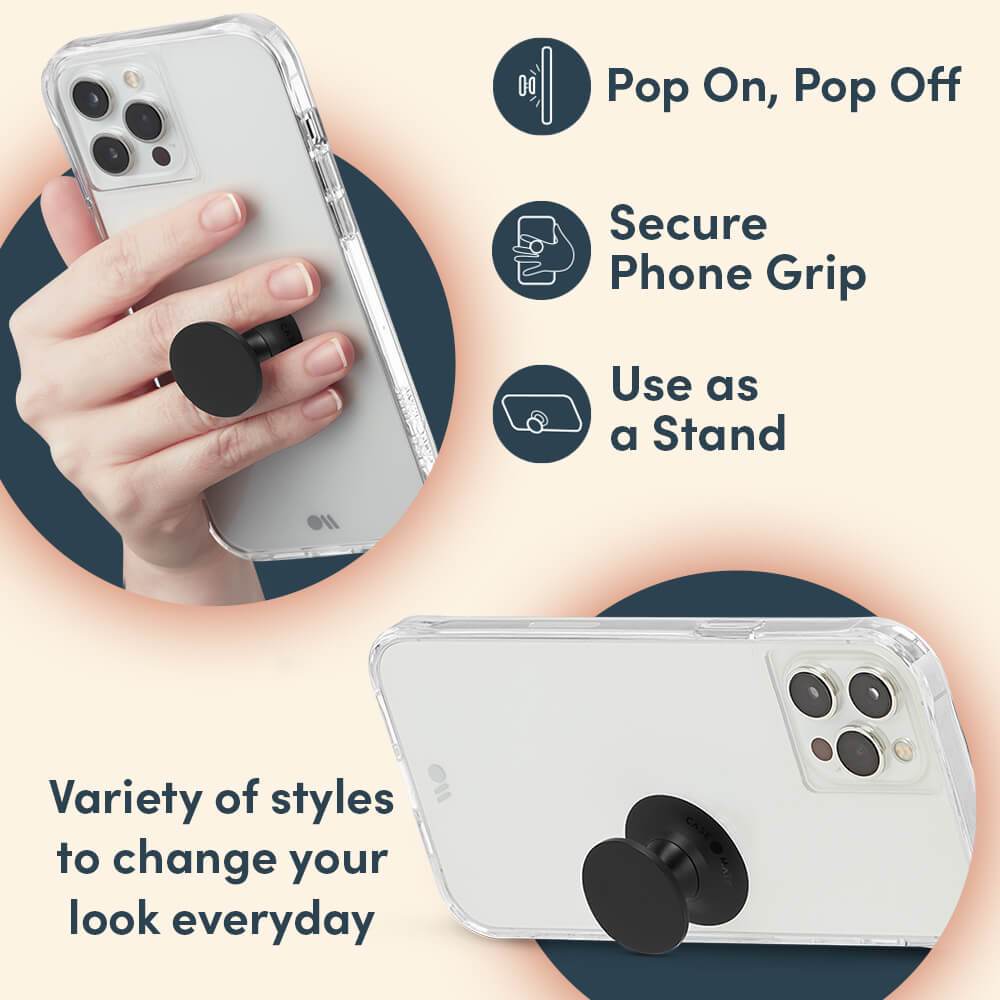 Pop on, pop off, Secure phone grip, Use as stand. Variety of styles to change your look everyday. color::Black