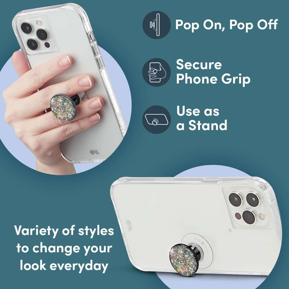 Pop On, Pop Off, Secure Phone Grip, Use as a Stand. Variety of styles to change your look everyday. color::Karat Stars