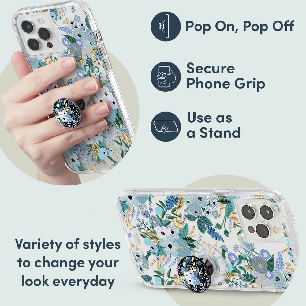 Pop On, Pop Off, Secure Phone Grip, Use as a Stand. Variety of styles to change your look everyday. color::Garden Party Blue