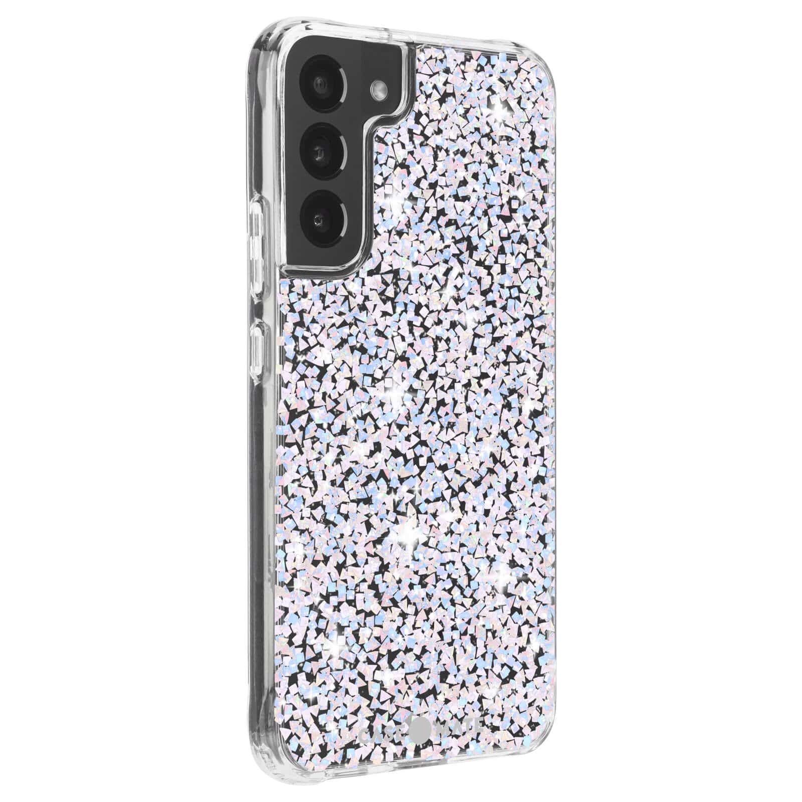 Iridescent Sequin flakes embedded in a clear case for the Galaxy S22+. color::Twinkle Diamond