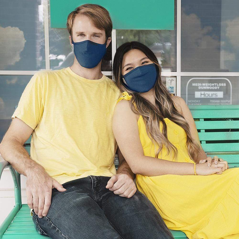 Two friends wearing Navy Blue cloth face masks. color::Navy Blue