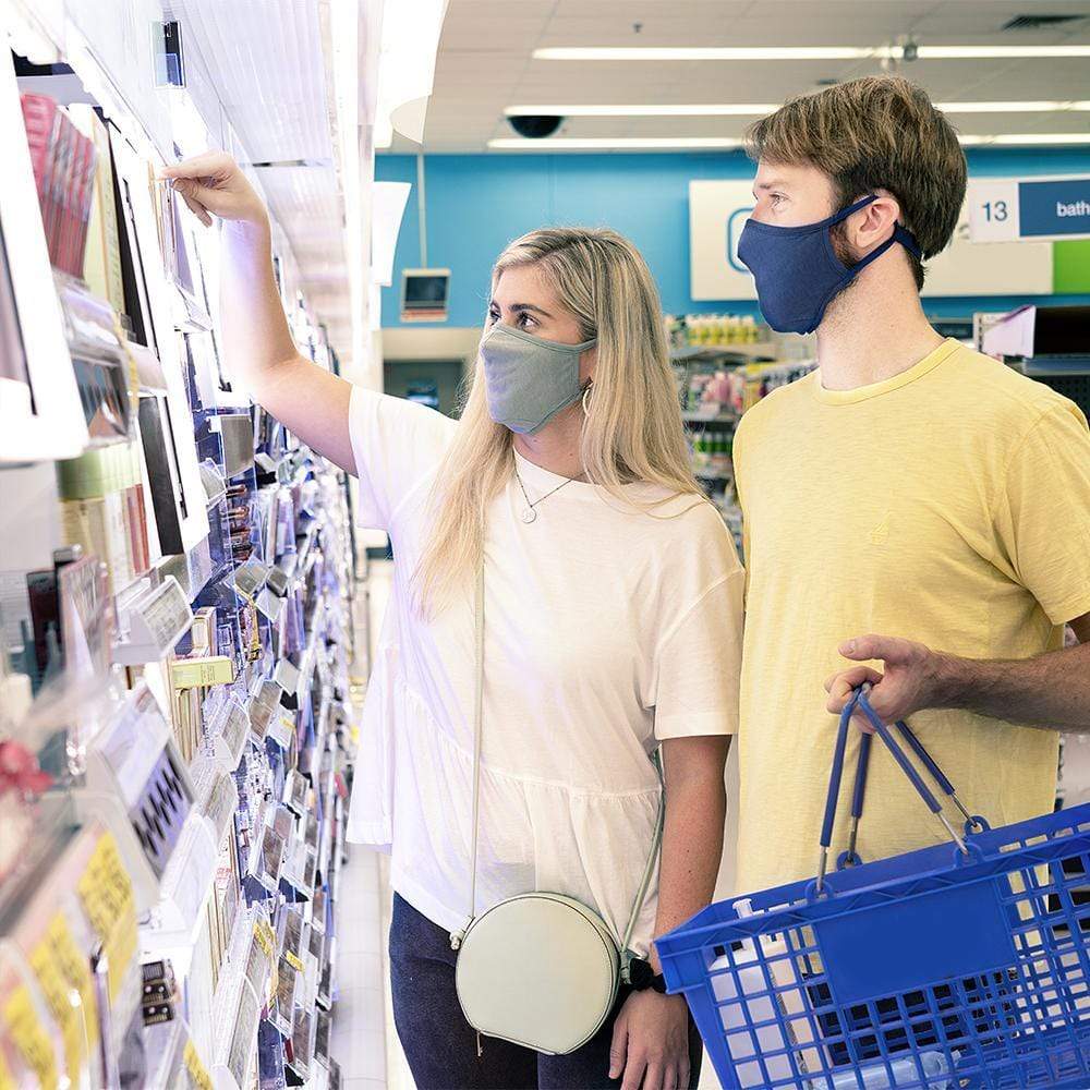 Friends running errands in cloth face masks. color::Navy Blue