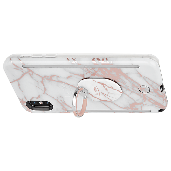 LuMee Ring makes holding your phone with one hand easy. color::Rose Metallic White Marble