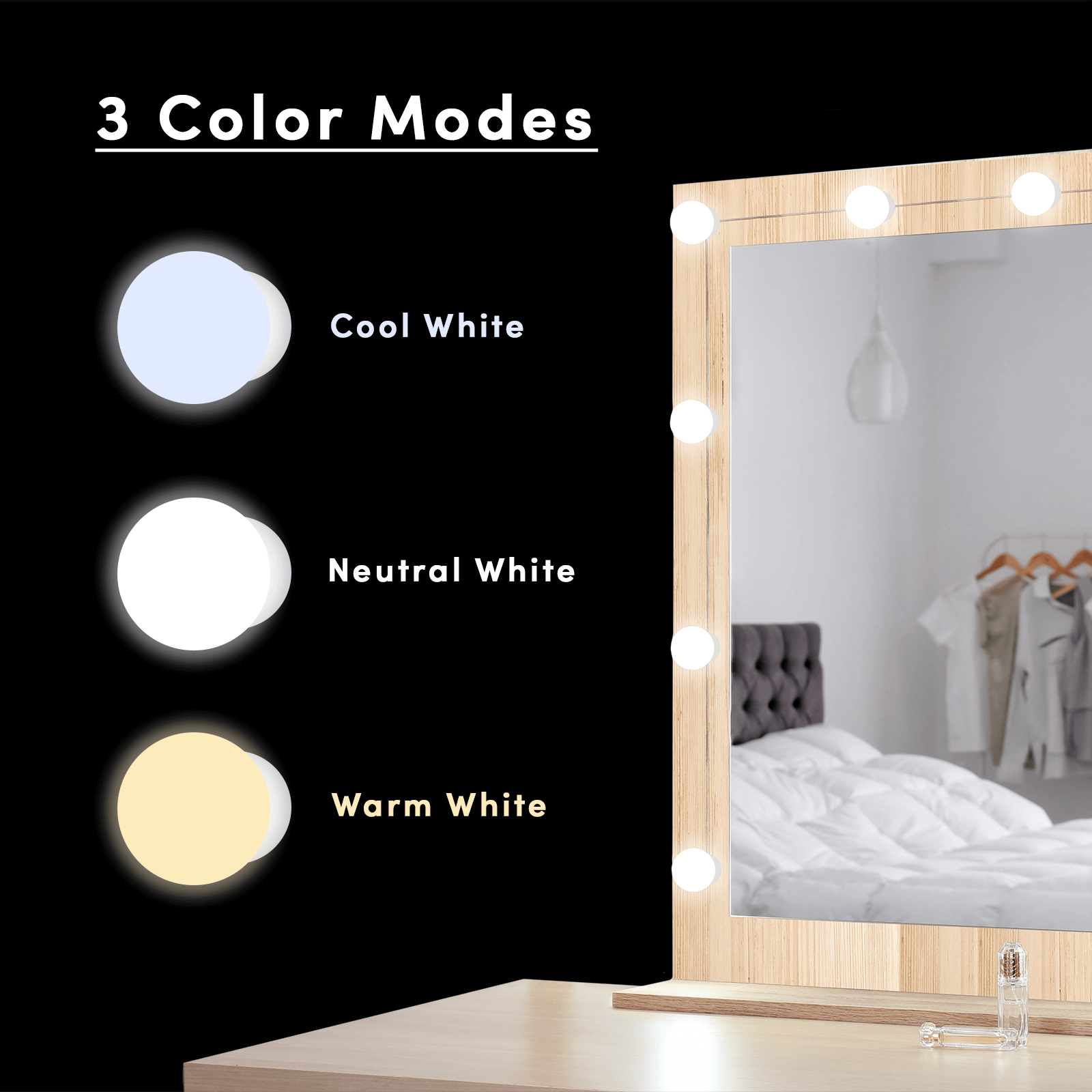 3 Color Modes. Cool white, neutral white, warm white. color::White
