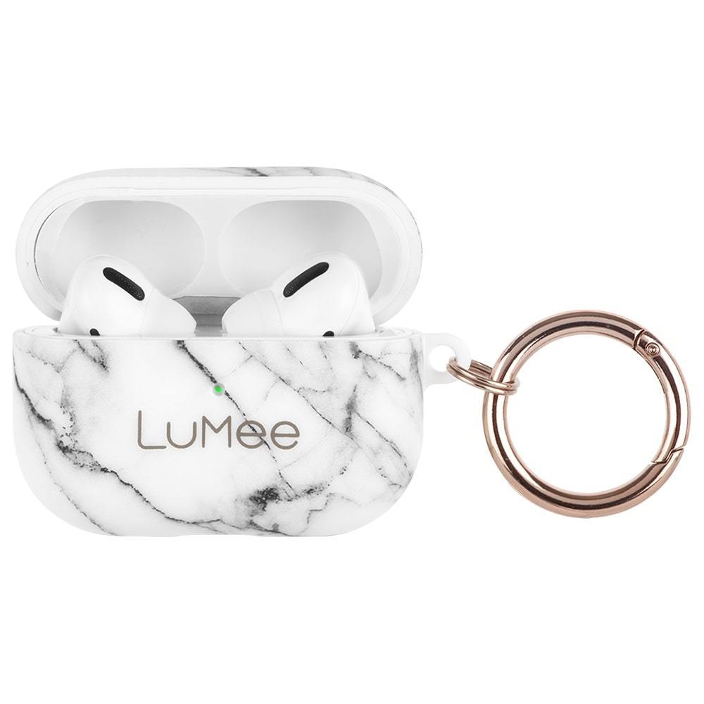 AirPods Pro marble case with rose gold detail. color::Lumee White Marble