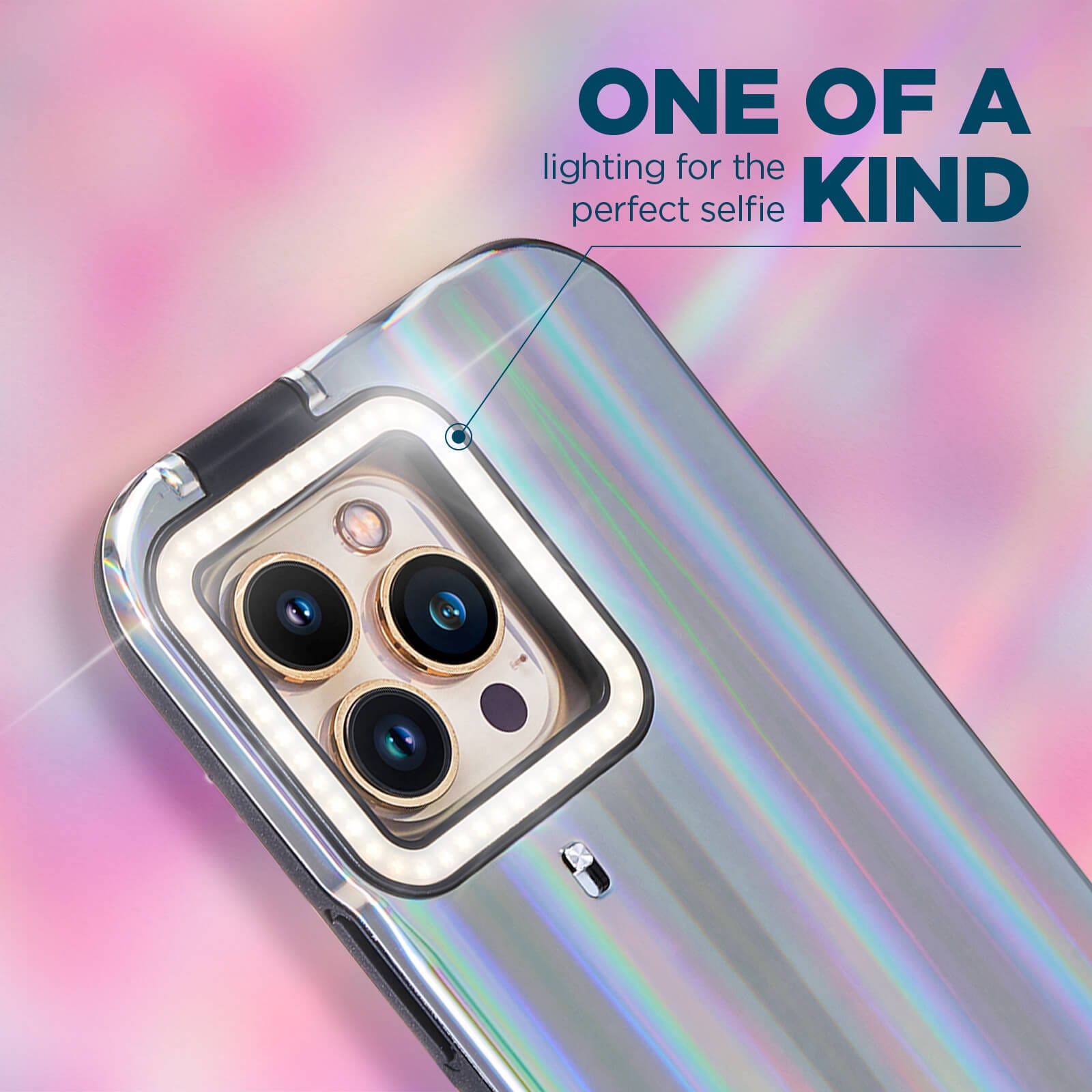 Lumee Apple iPhone 14 Pro Case w/ Rechargeable Front & Rear Flip Selfie Light - Holographic