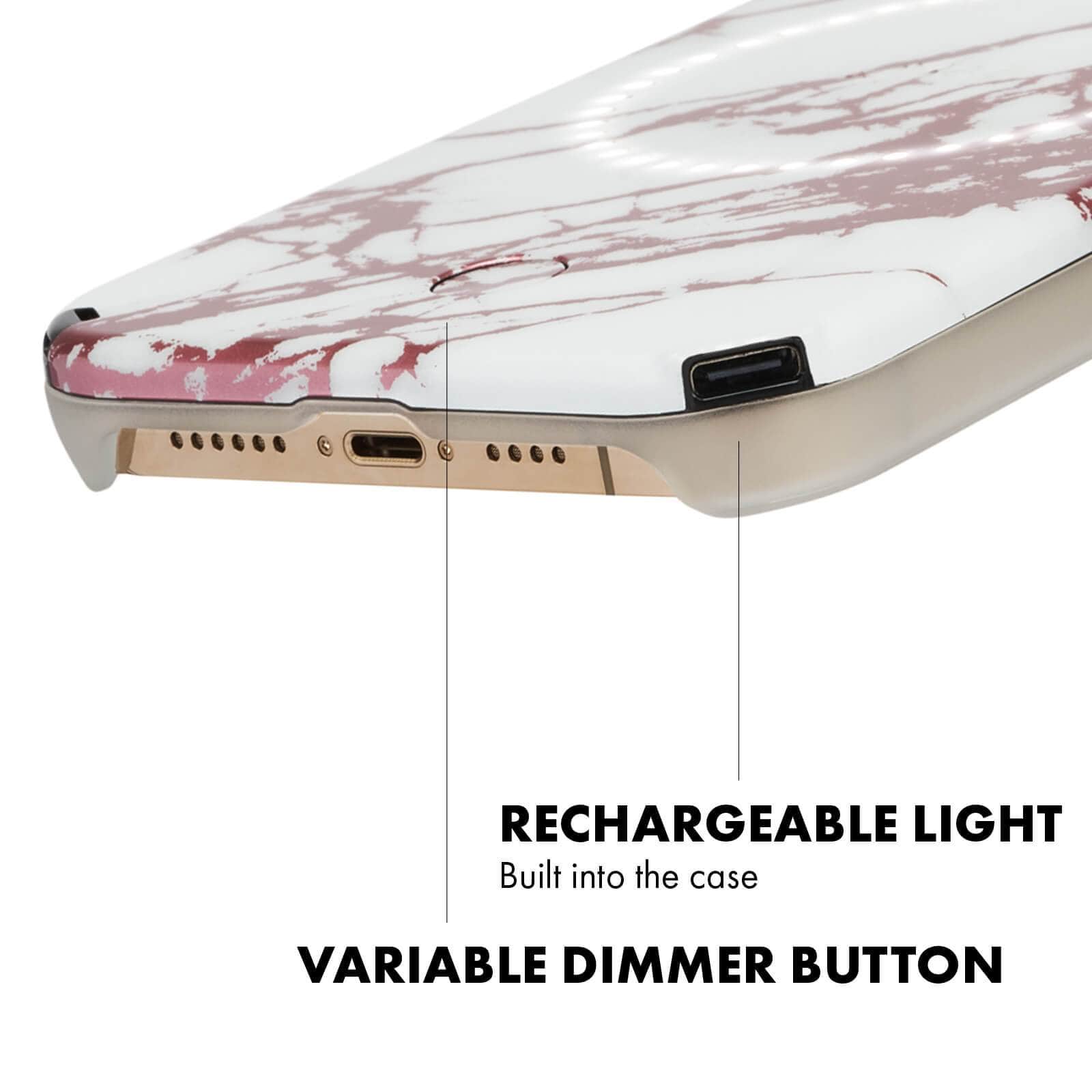 RECHARGEABLE LIGHT BUILT INTO THE CASE, VARIABLE DIMMER BUTTON color::Rose Metallic White Marble
