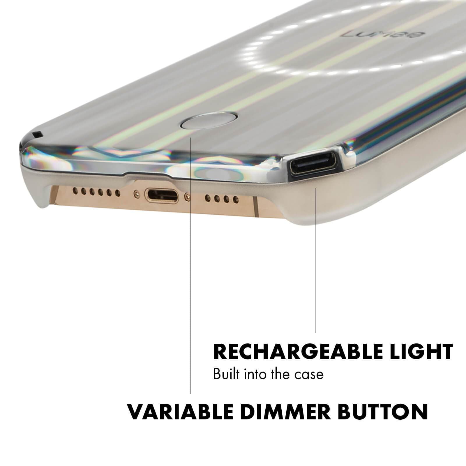RECHARGEABLE LIGHT BUILT INTO THE CASE, VARIABLE DIMMER BUTTON. COLOR::HOLOGRAPHIC