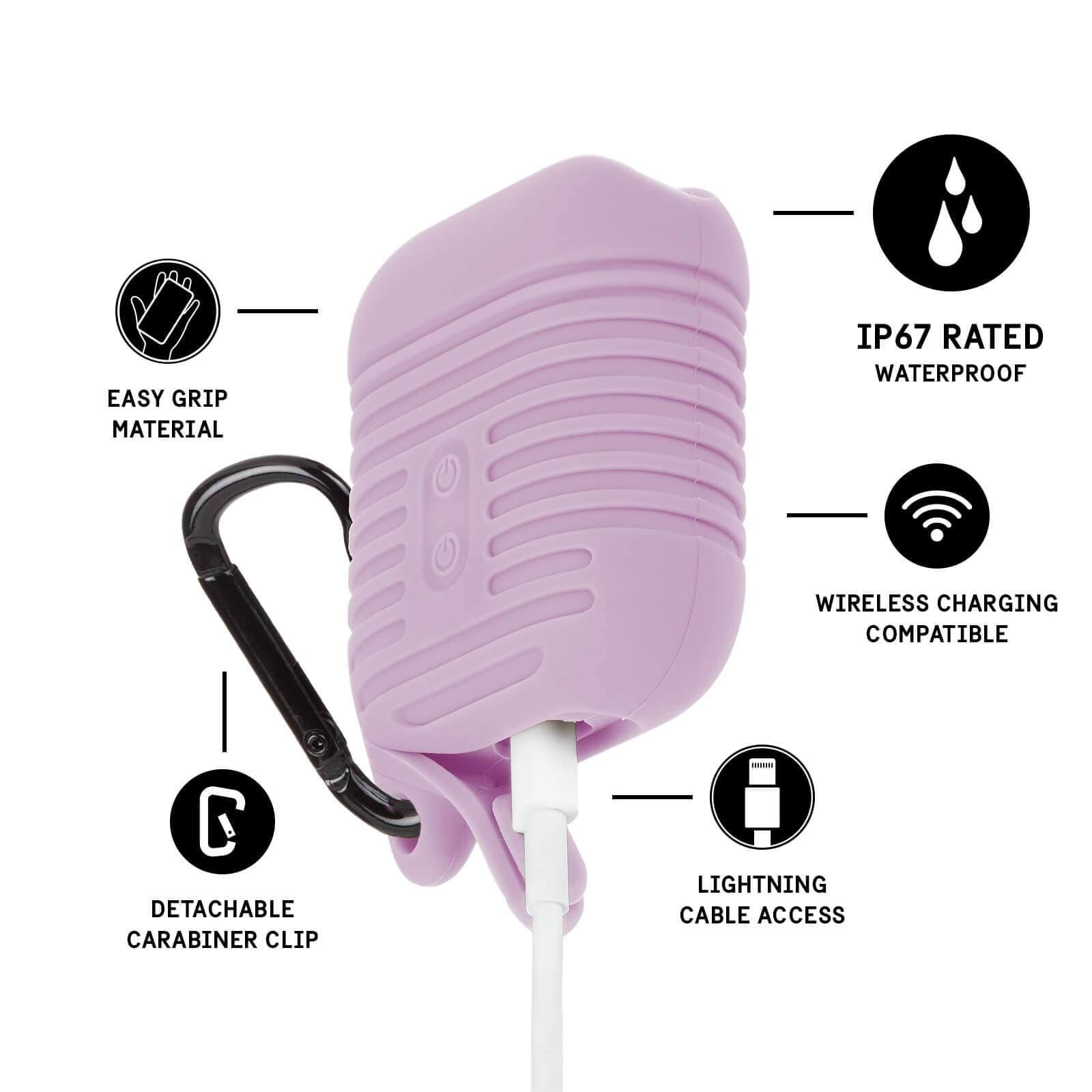 Features easy grip material, detachable carabiner clip, IP67 rated waterproof, wireless charging compatible, lightning cable access. color::Mauve