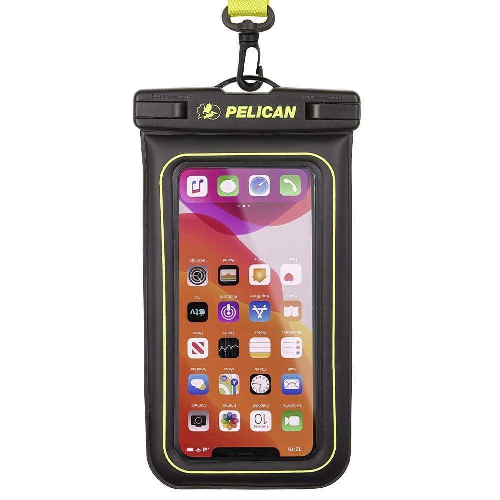 Waterproof pouch with touch screen compatible clear lining. color::Black/Hi Vis Yellow