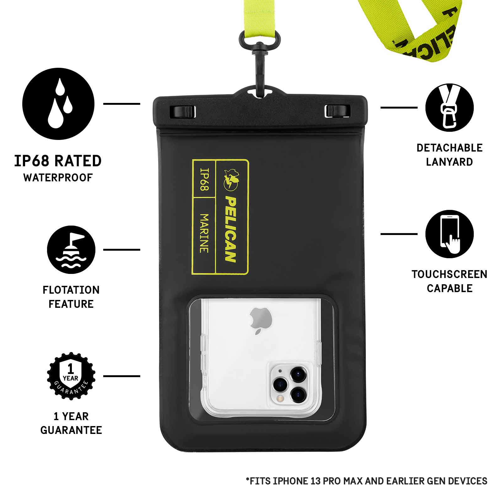 IP68 Rated Waterproof, flotation feature, 1 year guarantee, detachable lanyard, touchscreen capable. Height - 9.37" Width- 5.43" Depth - 0.55" *fits iPhone 13 Pro Max and Earlier Gen Devices. color::Black/Hi Vis Yellow