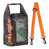 Hunter camo dry bag with clear phone pouch window and orange shoulder strap with carabiners.