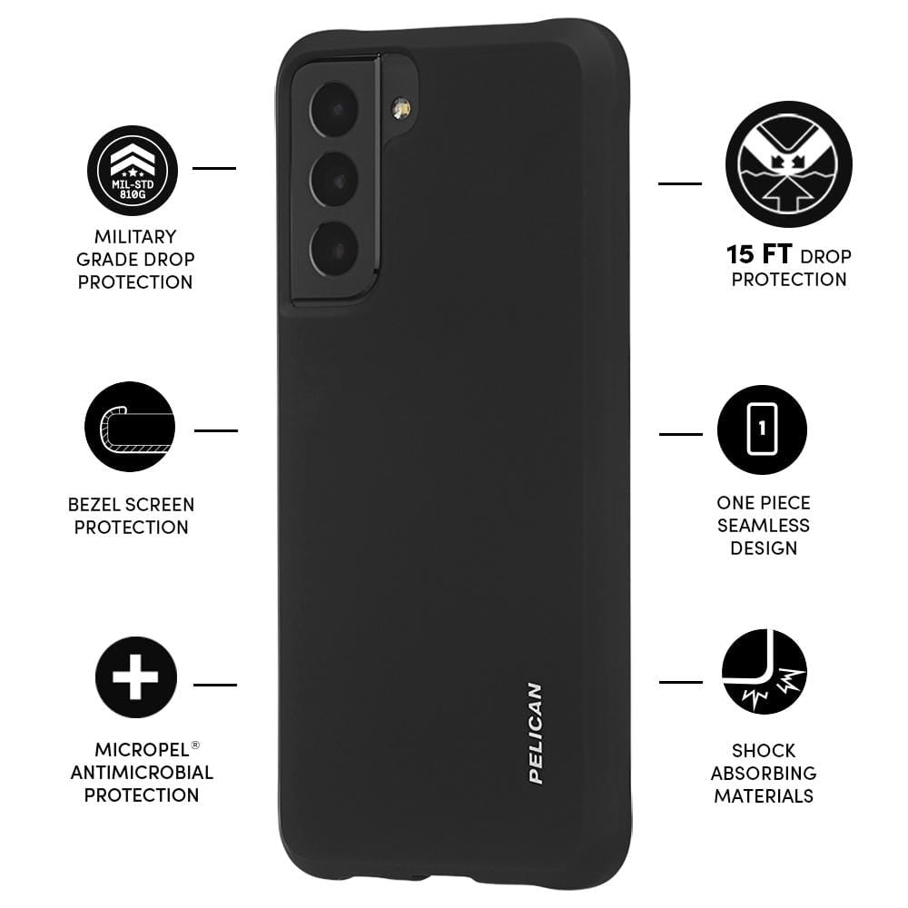 Features Military grade drop protection, bezel screen protection, Micropel Antimicrobial Protection, 15 ft Drop Protection, One Piece Seamless design, Shock Absorbing Materials. color::Black