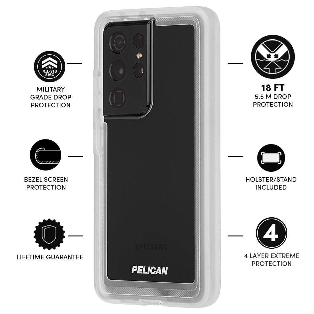 Features Military grade drop protection, bezel screen protection, lifetime guarantee, 18 FT drop protection, Holster/ Stand Included, 4 Layer Extreme Protection. color::Clear
