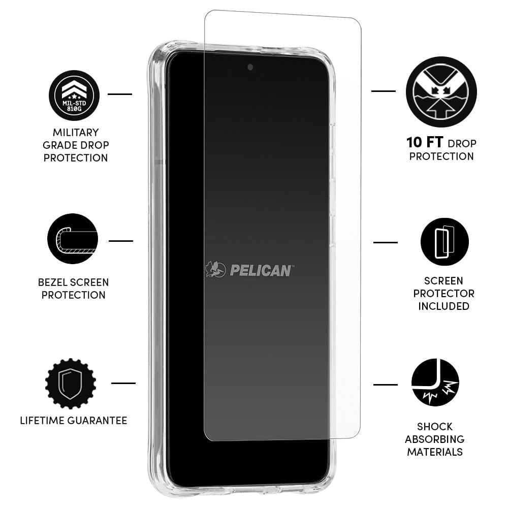Features Military grade drop protection, bezel screen protection, lifetime guarantee, screen protector included, shock absorbing materials. color::Clear