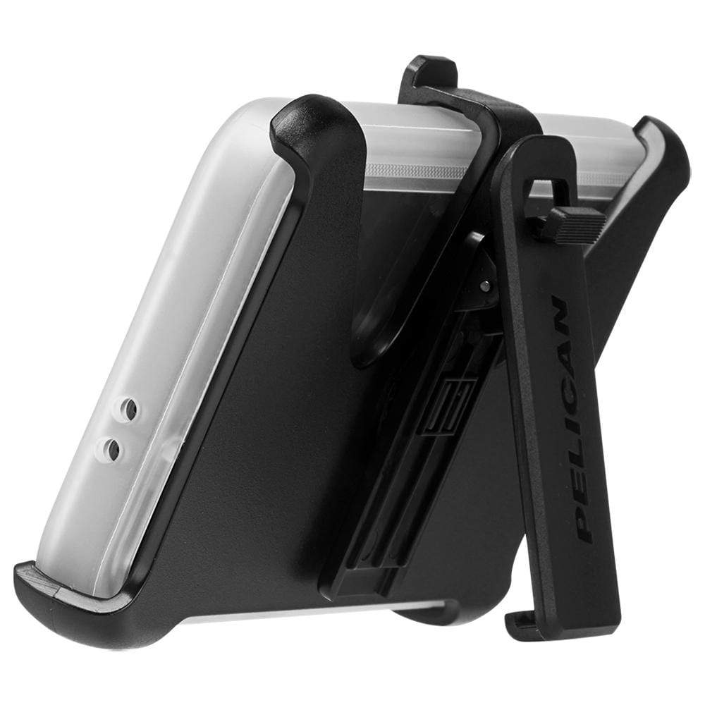 Case propped up on built in stand/ holster. color::Clear