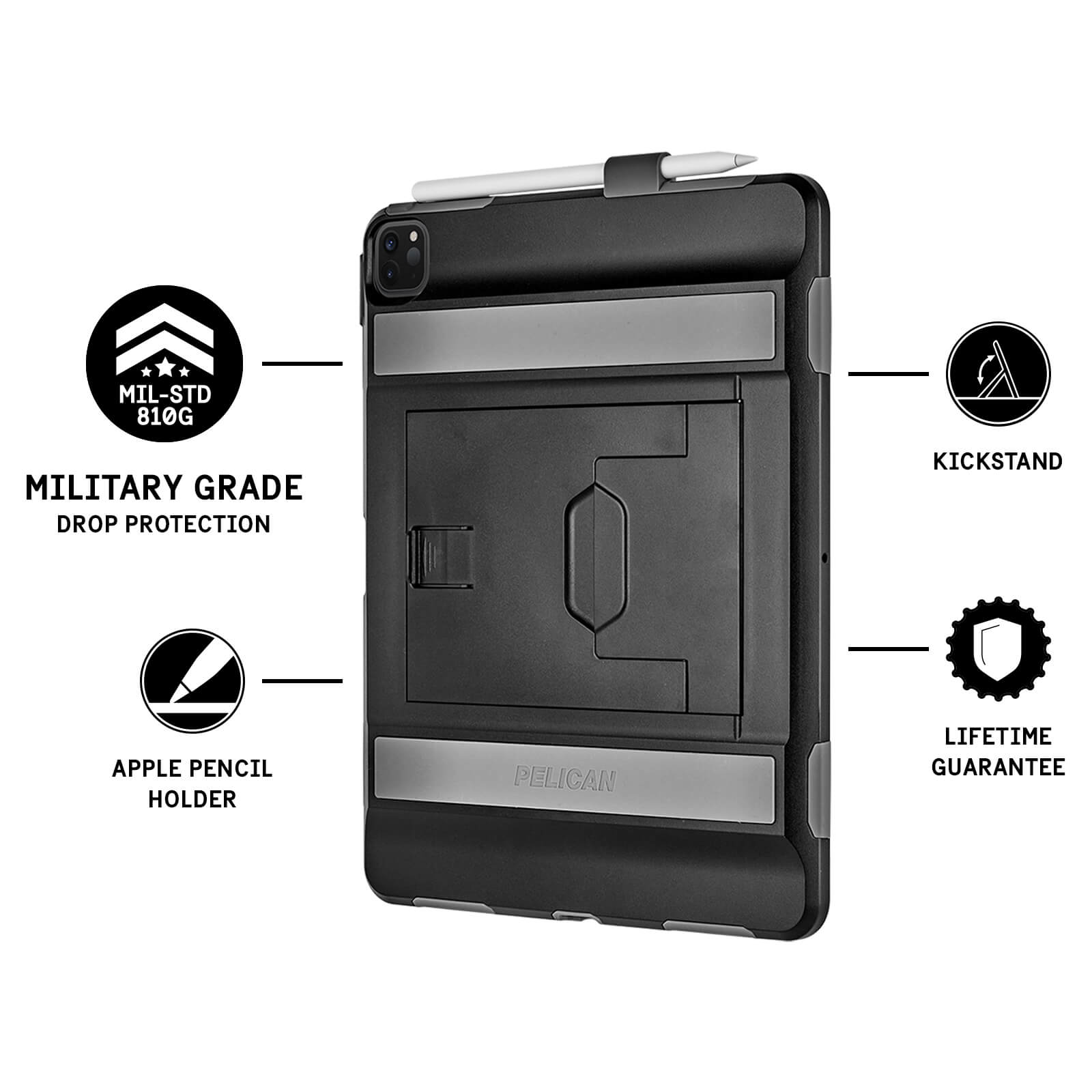 Features Military Grad Drop Protection, Apple Pencil Holder, Kickstand, Lifetime Guarantee. color::Black/Gray