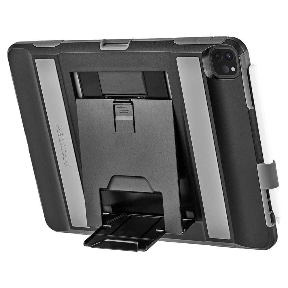 Pelican Voyager iPad Pro 12.9" case propped up horizontally on built-in kickstand. color::Black/Gray