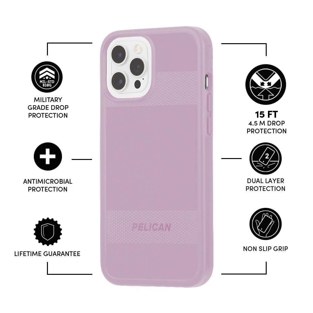 Features Military Grade Drop Protection, Antimicrobial Protection, Lifetime Guarantee, 15 ft Drop Protection, Dual Layer Protection, Non Sip Grip. color::Mauve