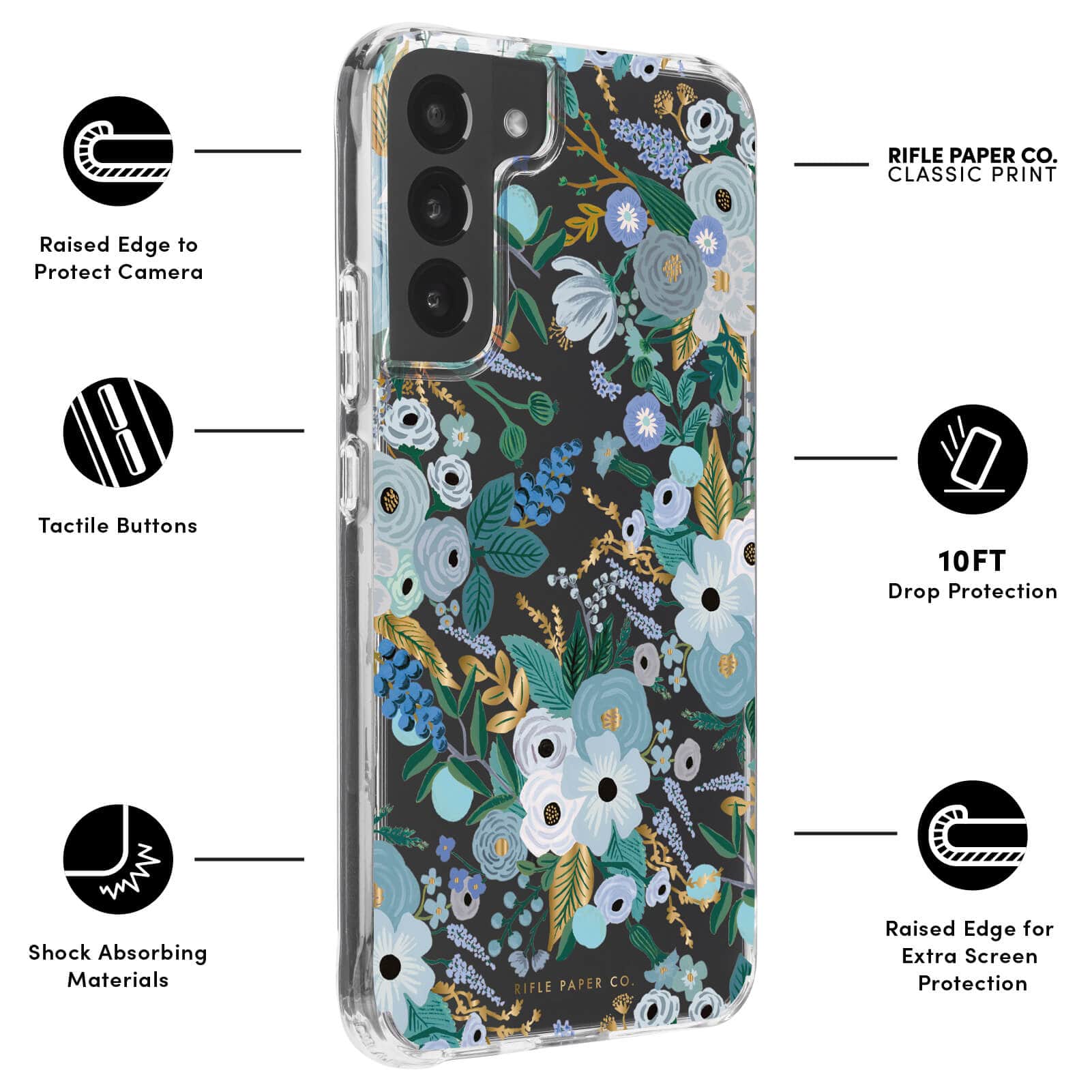 FEATURES: RAISED EDGE TO PROTECT CAMERA, TACTILE BUTTONS, SHOCK ABSORBING MATERIALS, RIFLE PAPER CO. CLASSIC PRINT, 10FT DROP PROTECTION, RAISED EDGE FOR EXTRA SCREEN PROTECTION. COLOR::GARDEN PARTY BLUE