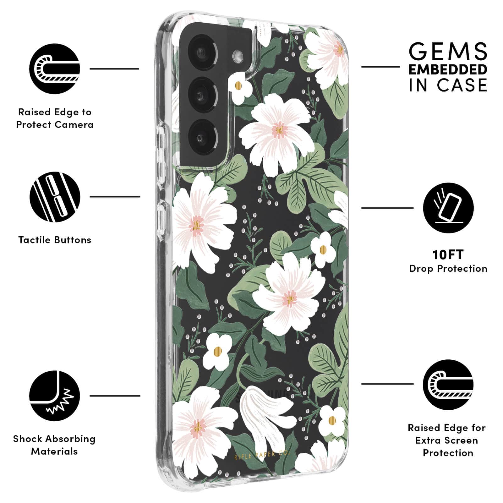 FEATURES: RAISED EDGE TO PROTECT CAMERA, TACTILE BUTTONS, SHOCK ABSORBING MATERIALS, GEMS EMBEDDED IN CASE, 10FT DROP PROTECTION, RAISED EDGE FOR EXTRA SCREEN PROTECTION. COLOR::WILLOW