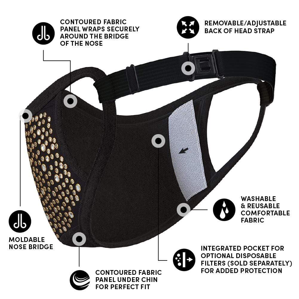 Features contoured fabric panel that wraps securely around the bridge of the nose, removable/adjustable back of head strap, moldable nose bridge, contoured fabric panel under chin for perfect fit, integrated pocket for optional disposable filters (sold separately) for added protection, washable and reusable comfortable fabric. color::Gold