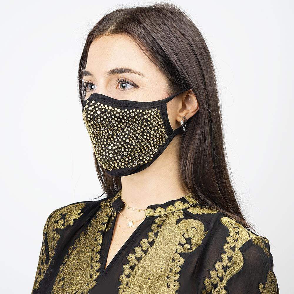 Side view of comfortable, gold studded face mask. color::Gold