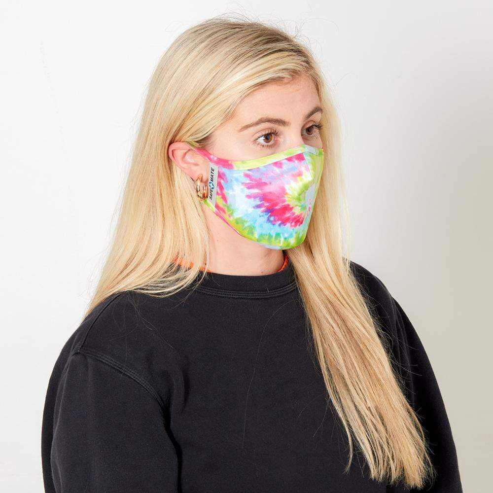 Woman wearing fashion tie-dye cloth face mask. color::Tie-Dye