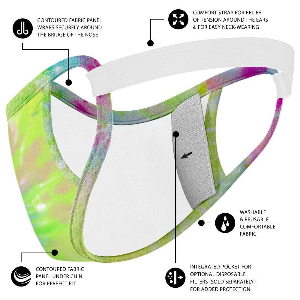 Features contoured fabric panel that wraps securely around the bridge of the nose, comfort strap for relief of tension around the ears and for easy neck-wearing, contoured fabric panel under chin for perfect fit, integrated pocket for optional disposable filters (sold separately) for added protection, washable and reusable comfortable fabric. color::Tie-Dye