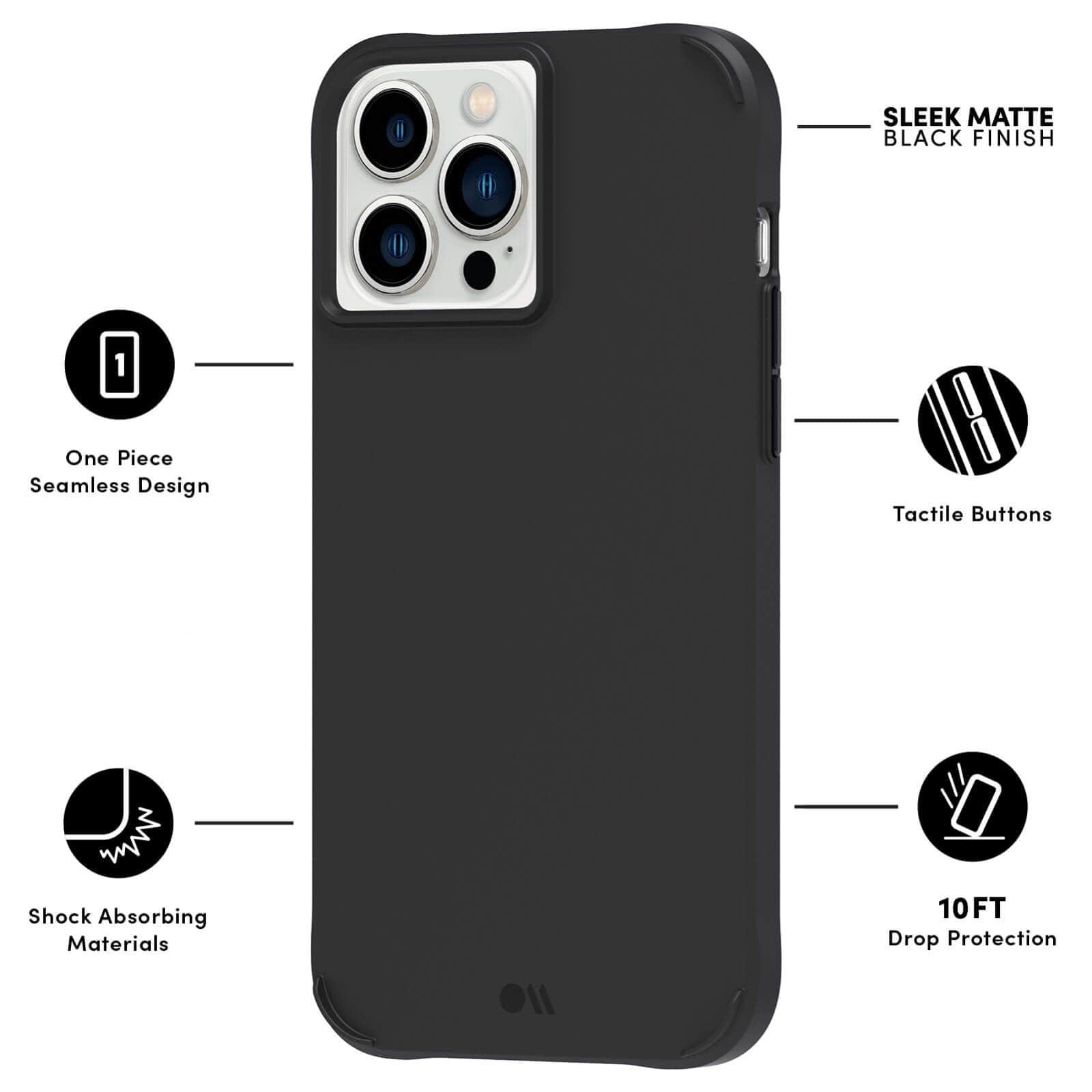 FEATURES ONE PIECE SEAMLESS DESIGN, SHOCK ABSORBING MATERIALS, SLEEK MATTE BLACK FINISH, TACTILE BUTTONS, 10 FT DROP PROTECTION. COLOR::BLACK