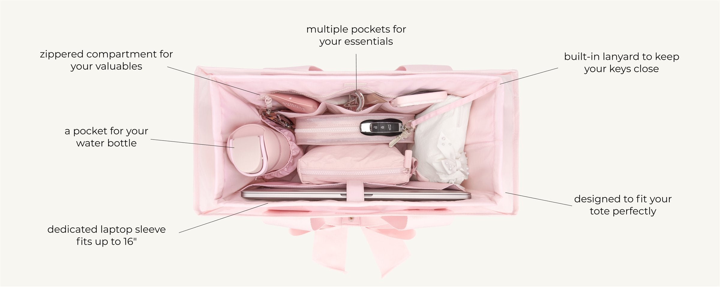 Tote organizer features